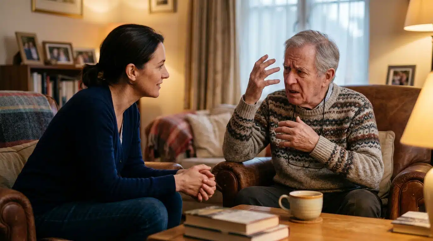 Homme âgé en pleine conversation cherchant ses mots