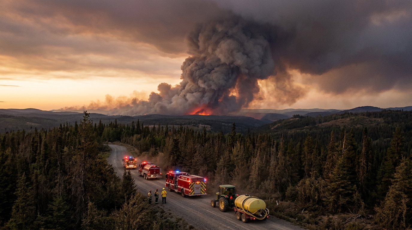 Fumée massive s'élevant au-dessus de la forêt en feu