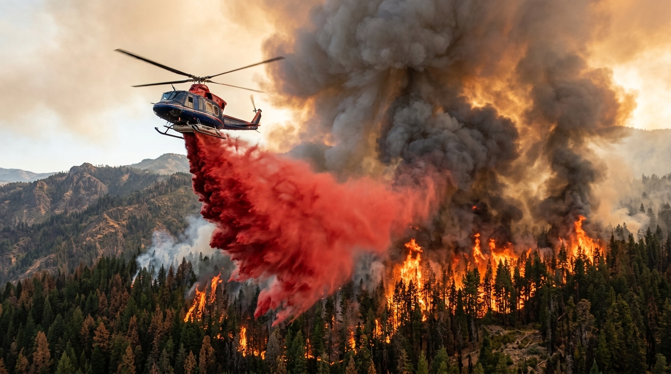 Hélicoptère larguant du retardant sur l'incendie