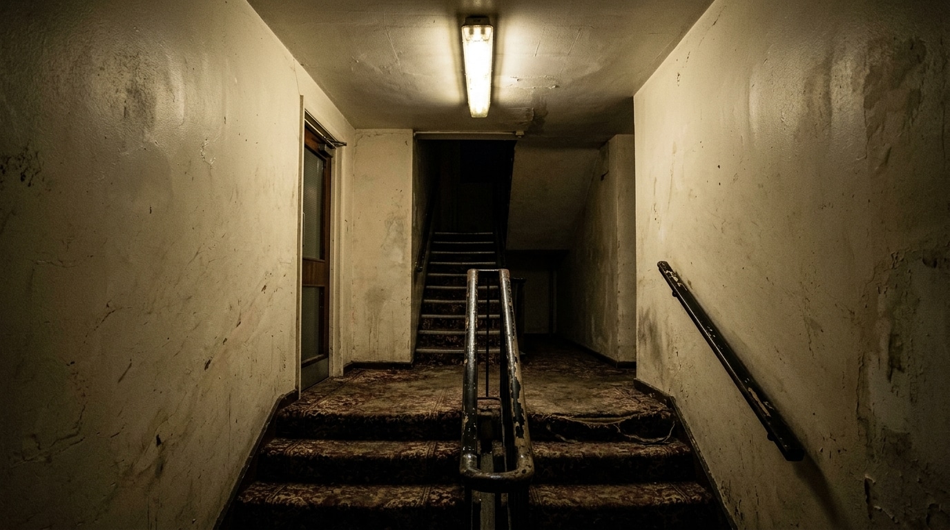 Couloir sombre d'un immeuble britannique la nuit
