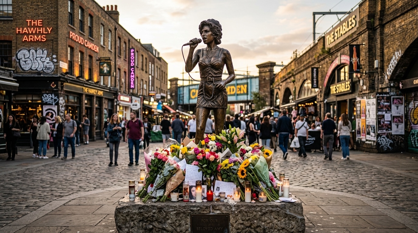 Statue en bronze fleurie à Camden en hommage à Amy Winehouse