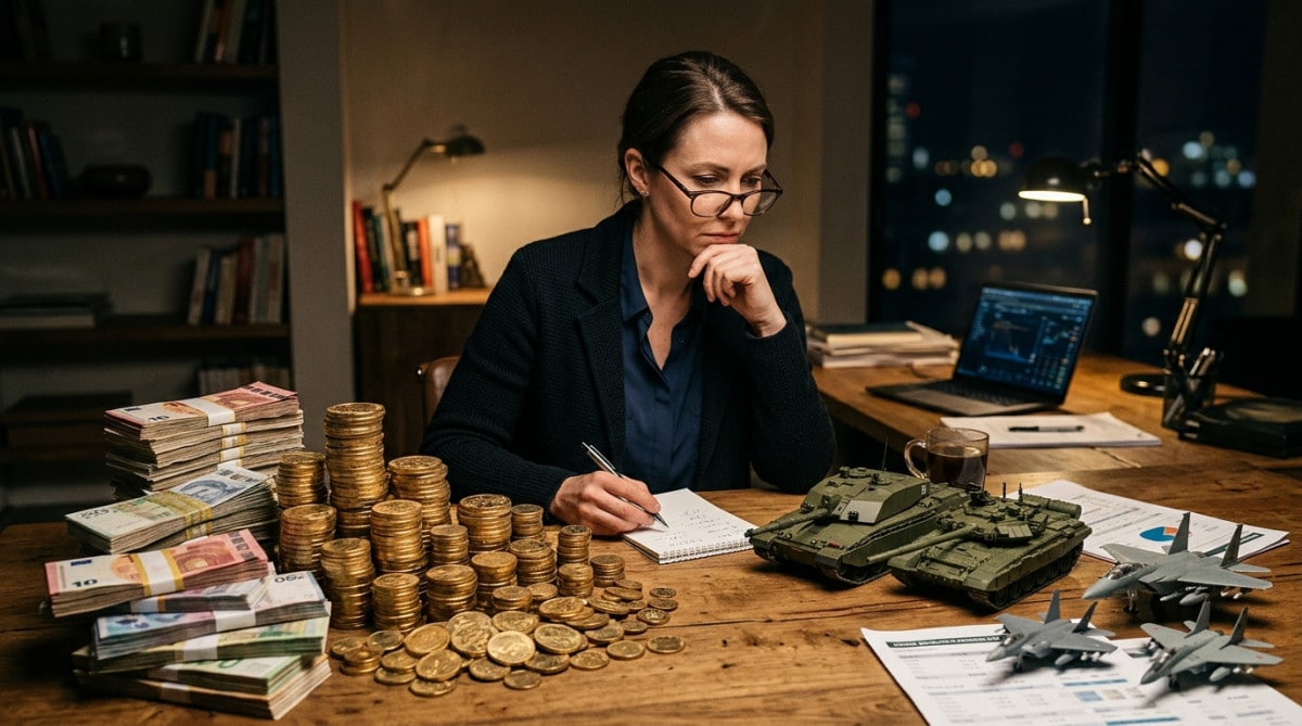 Analyste comparant argent et matériel militaire miniature
