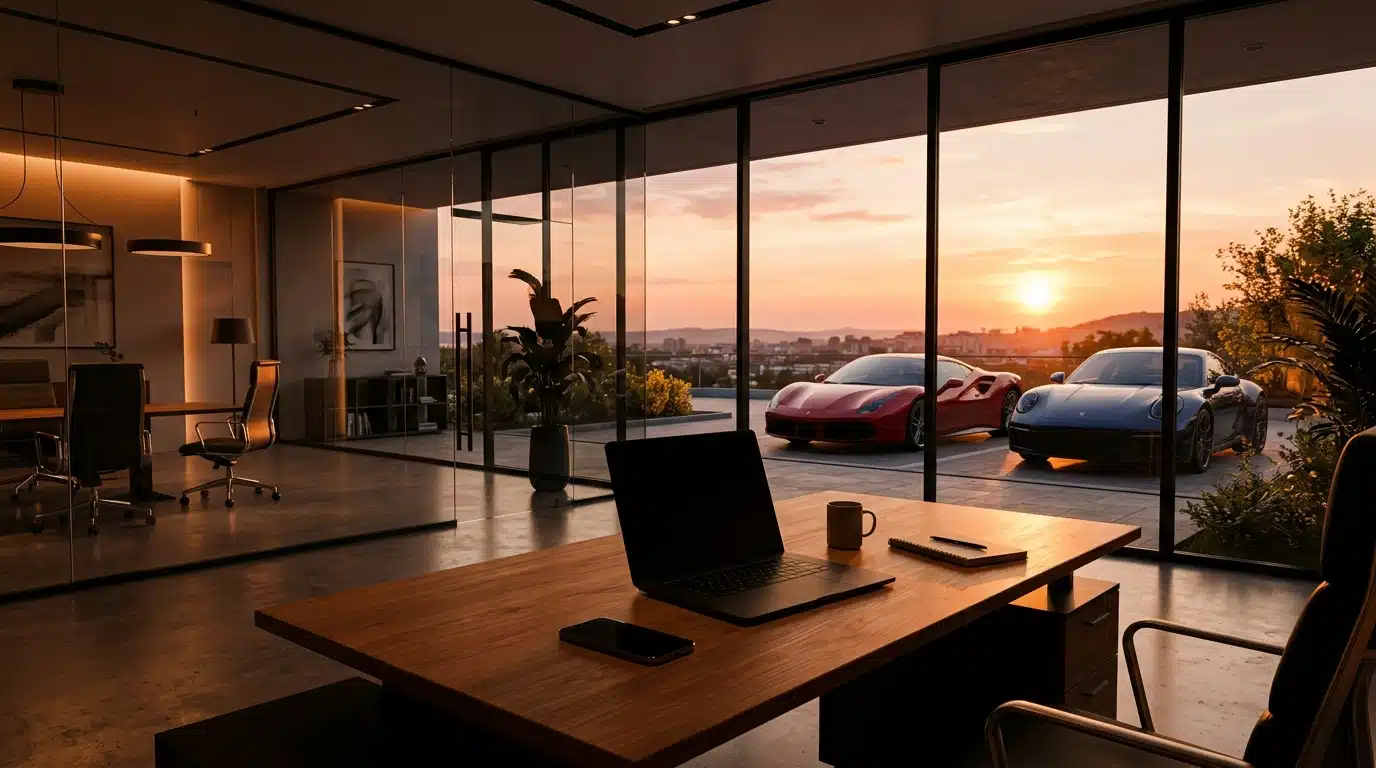 Bureau luxueux abandonné avec voitures de sport visibles