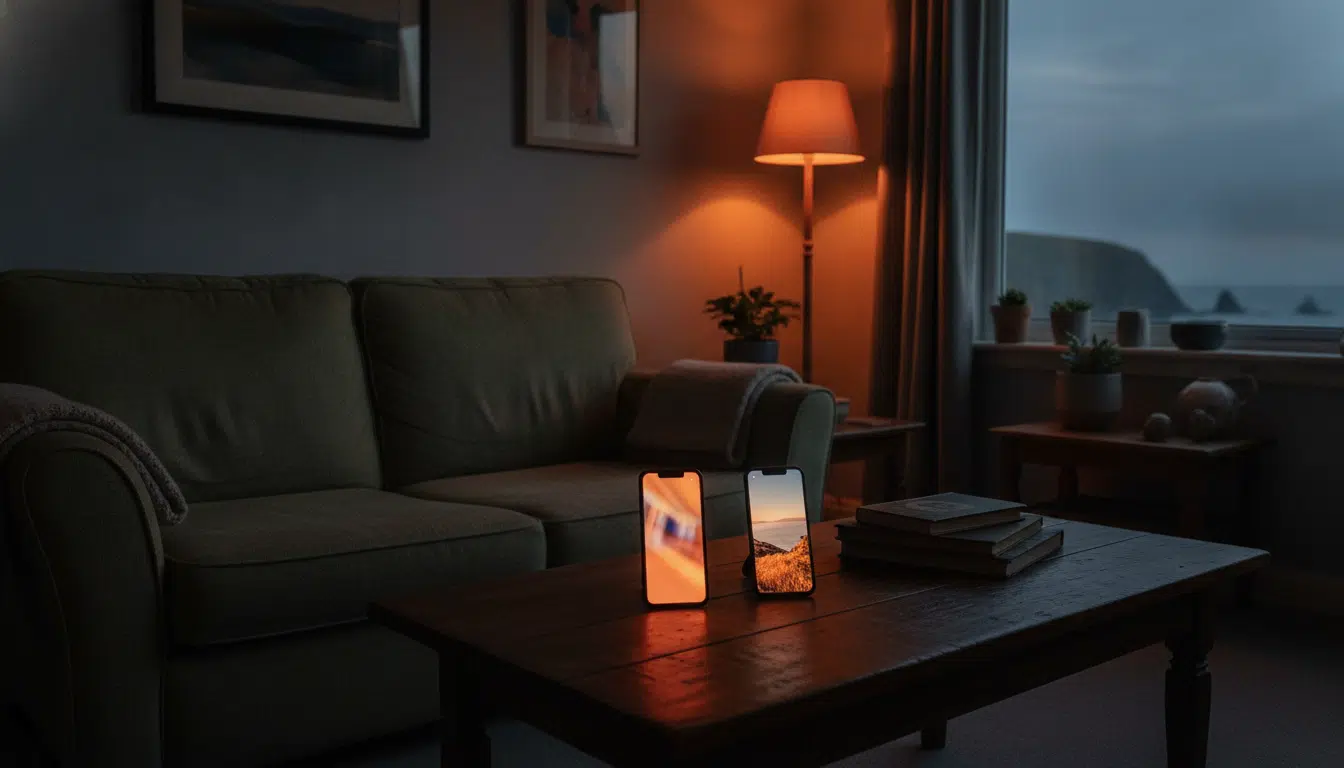 Appartement assisté en Cornouailles avec deux smartphones allumés