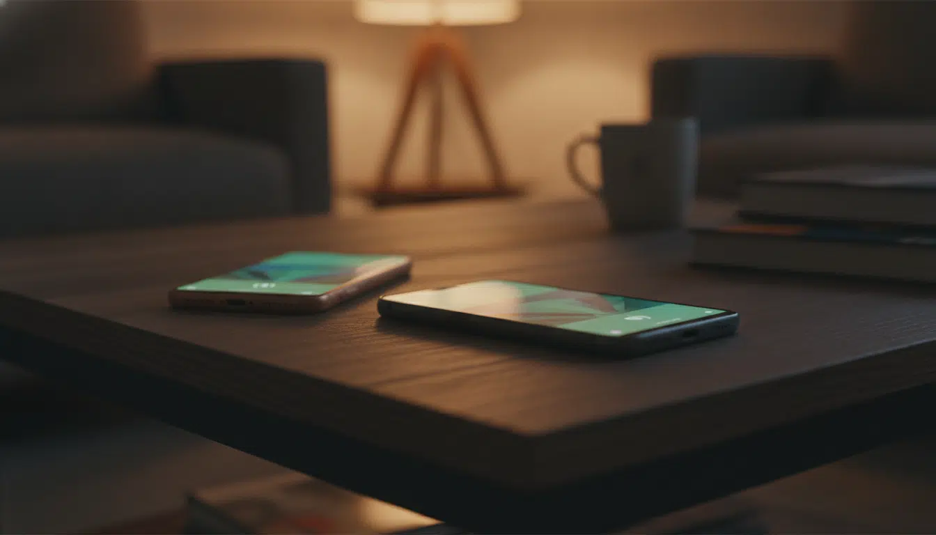 Deux smartphones posés sur une table basse diffusant un live