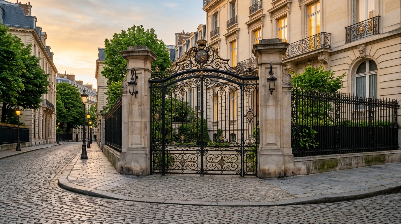 Résidence parisienne cossue avec grille en fer forgé au lever du jour