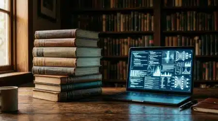 Pile de livres reliés à côté d'un ordinateur portable allumé