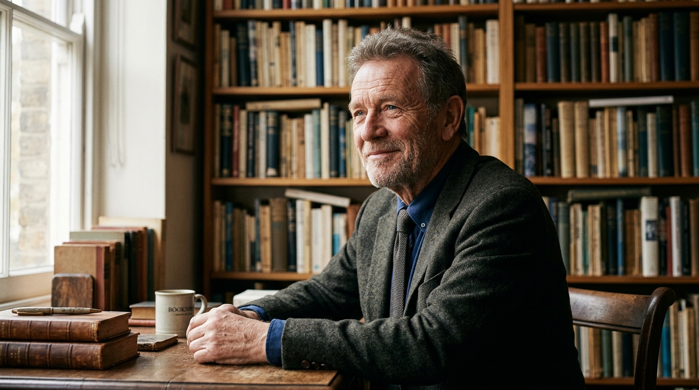 Homme âgé souriant dans un bureau rempli de livres