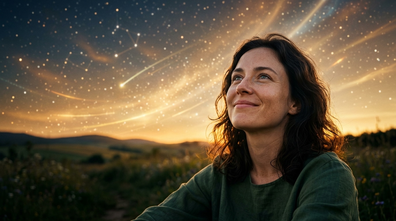 Femme souriante regardant un ciel étoilé doré
