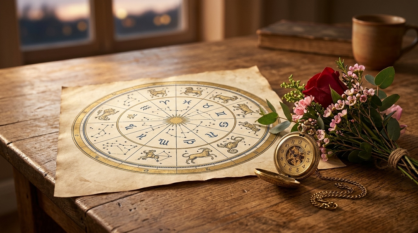 Carte astrologique avec montre et fleurs sur table