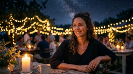 Femme souriante sous un ciel étoilé d'été romantique