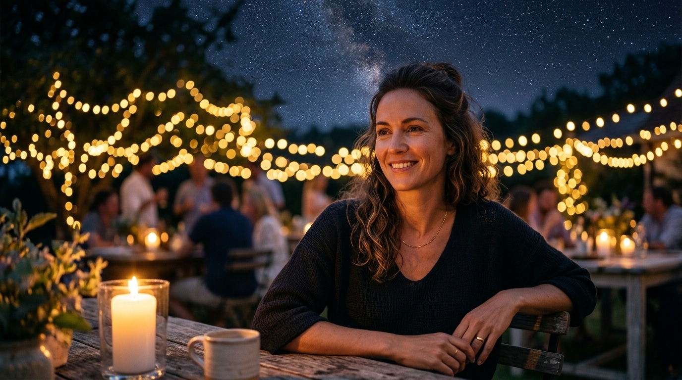 Femme souriante sous un ciel étoilé d'été romantique