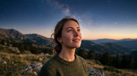 Jeune femme souriante sous un ciel étoilé au crépuscule
