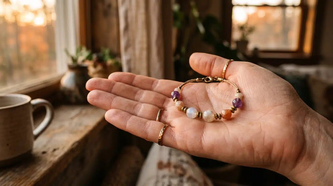 Bracelet de pierres naturelles posé sur une main ouverte