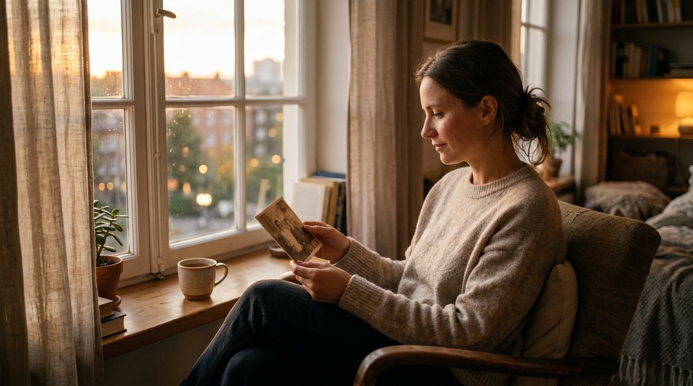 Femme pensive tenant une photo ancienne au crépuscule