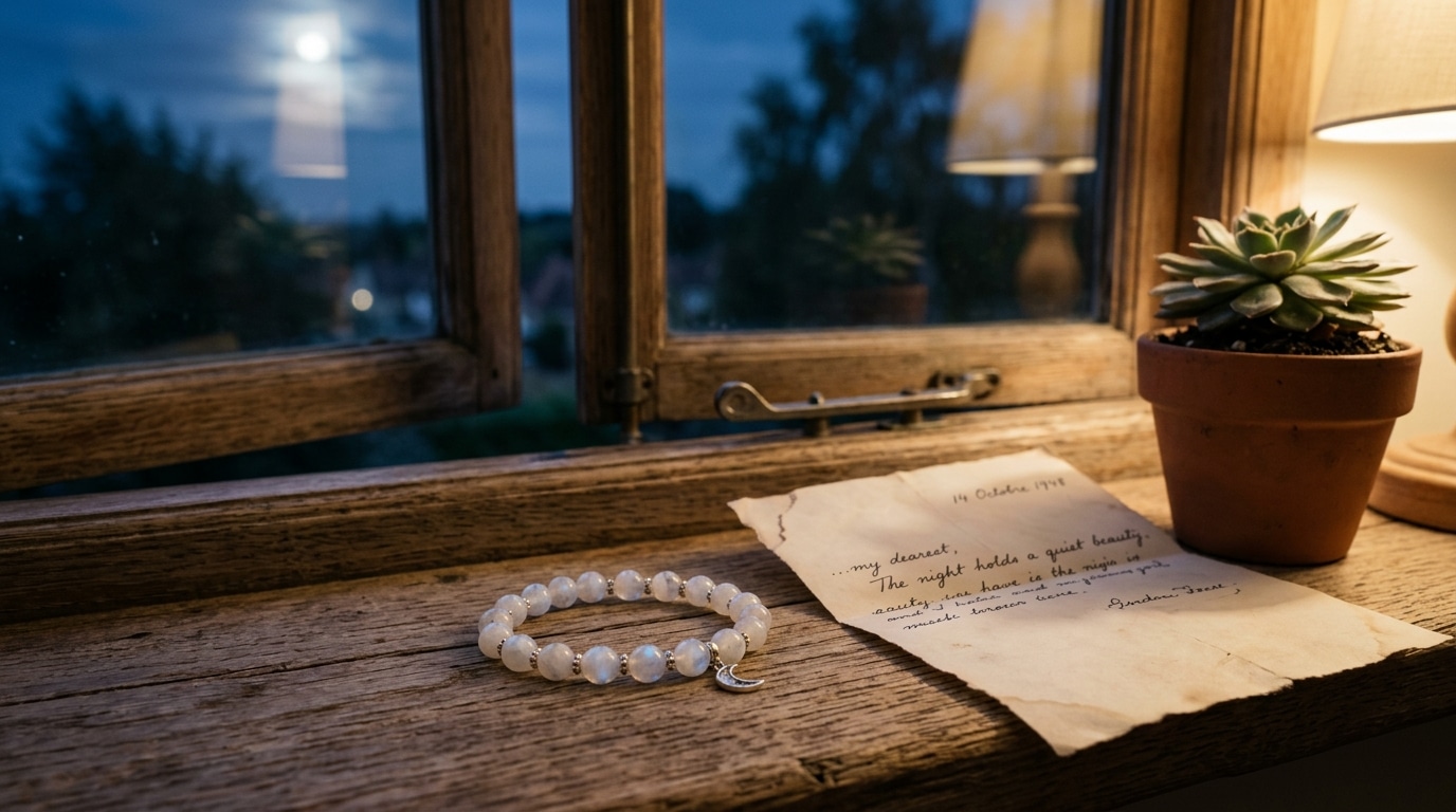 Bracelet en pierre de lune posé près d'une lettre
