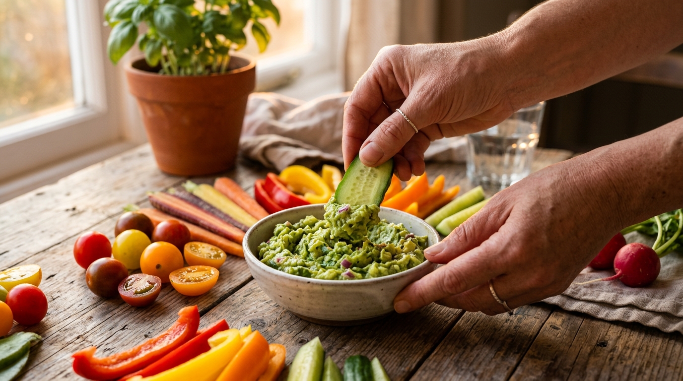 Main trempant un légume dans un dip vert maison