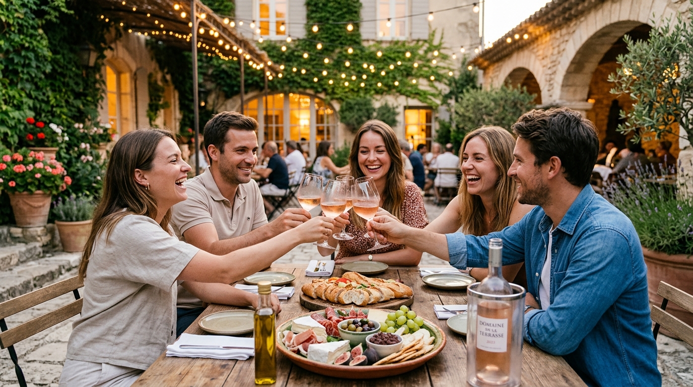 Amis trinquant au rosé frais autour d'une planche apéro d'été