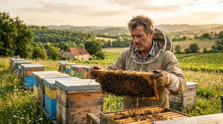 Apiculteur examine un cadre de ruche en Dordogne