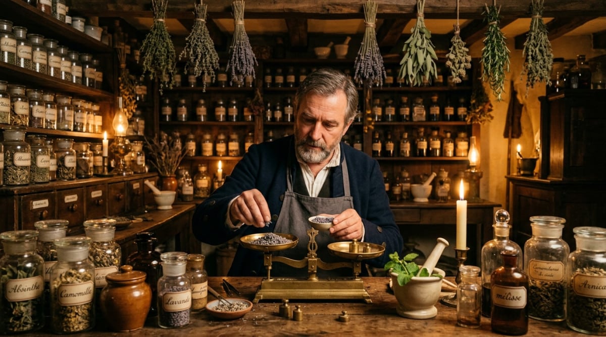 Apothicaire pesant des herbes sur une balance ancienne