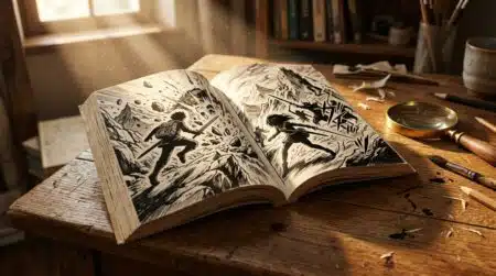 Manga ouvert sur bureau en bois avec lumière chaude