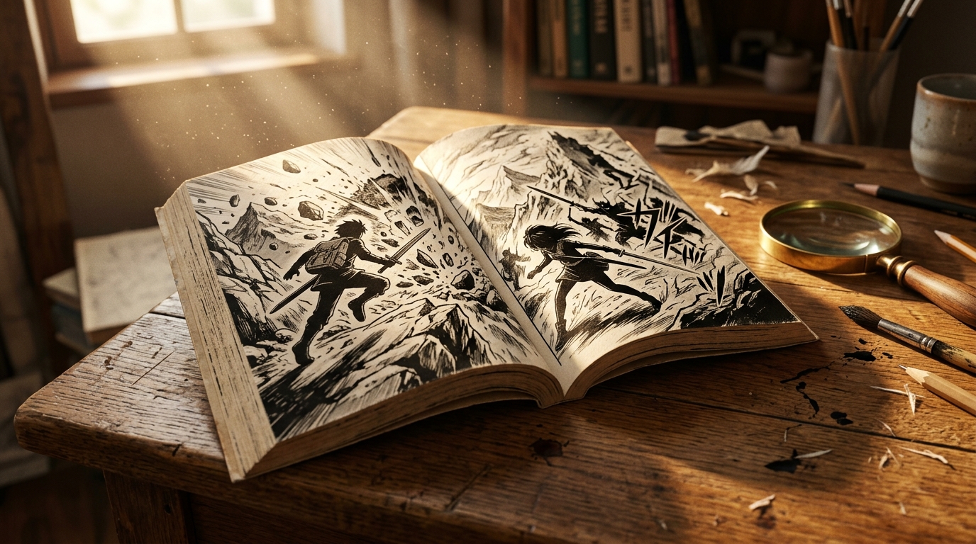 Manga ouvert sur bureau en bois avec lumière chaude