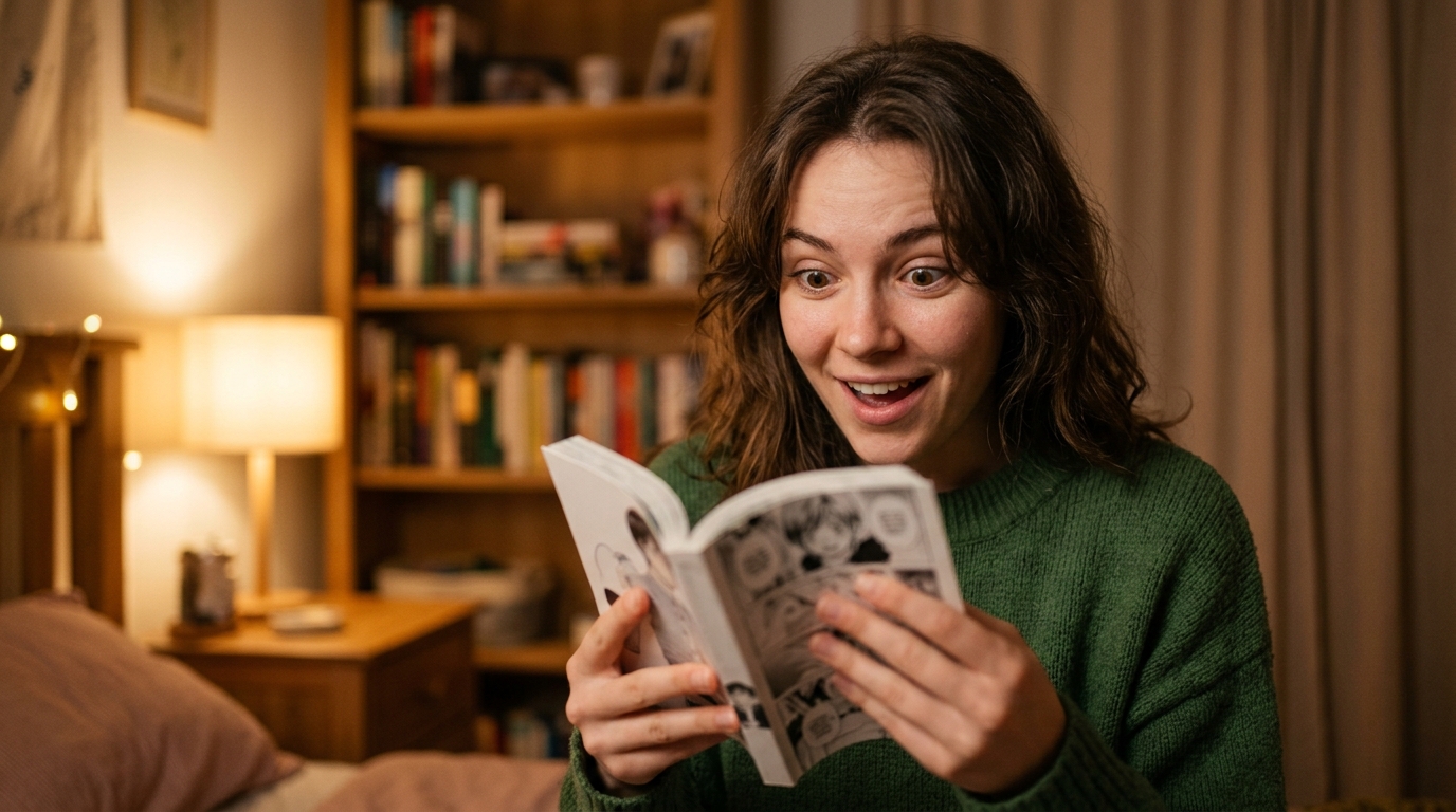 Jeune lecteur souriant serrant un manga contre lui
