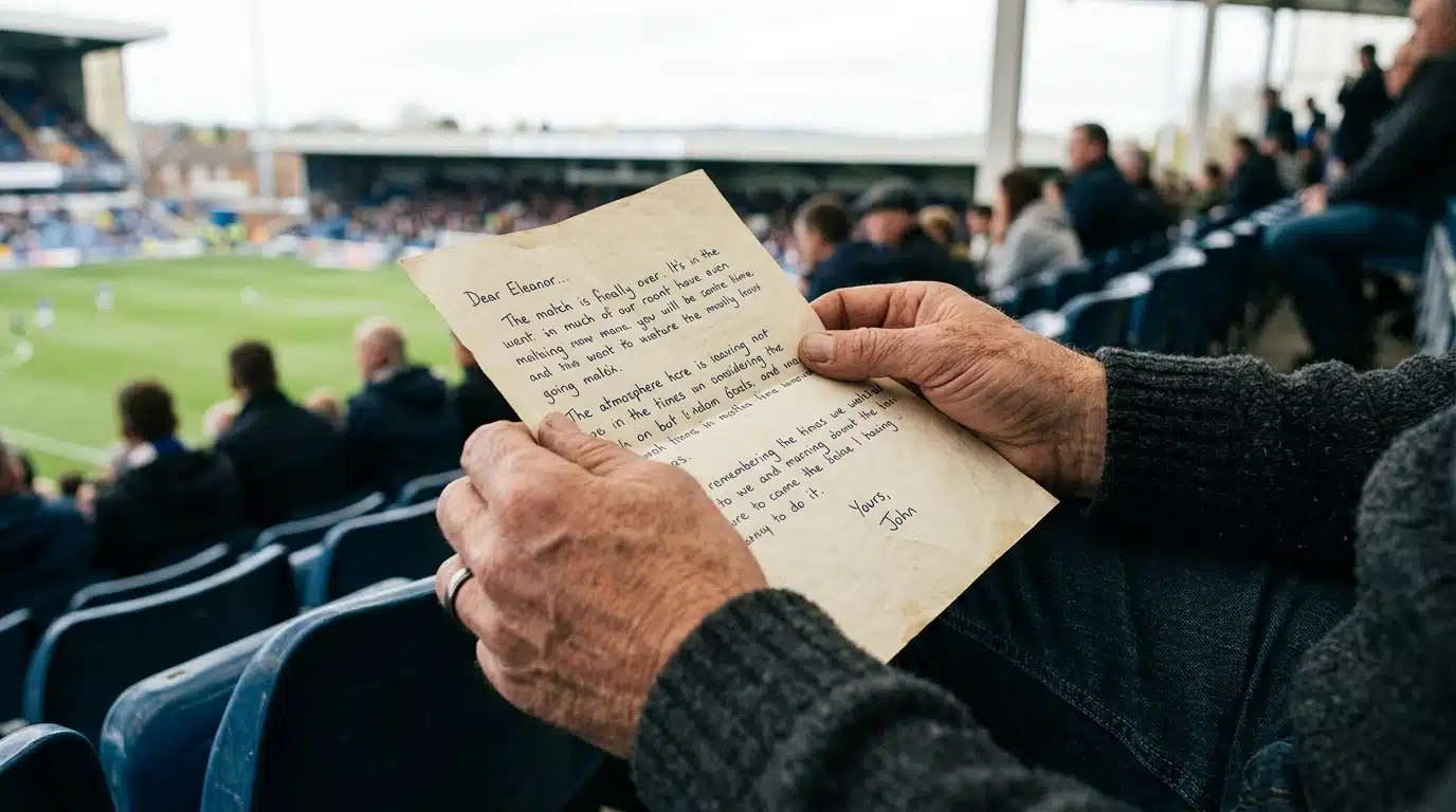Mains tenant une lettre manuscrite sur un banc de stade