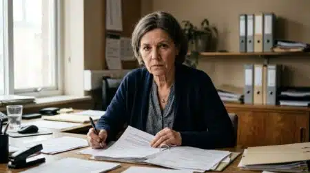 Femme assise à un bureau face à des documents officiels