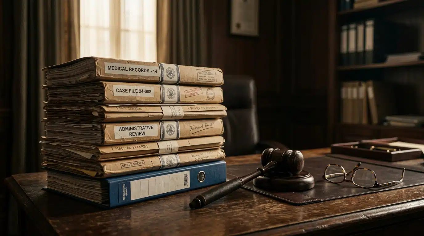 Dossiers administratifs et marteau de justice sur un bureau