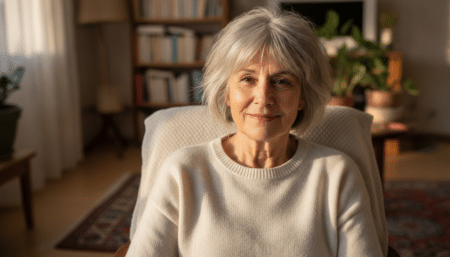 Ancienne caissière E.Leclerc souriante à son domicile