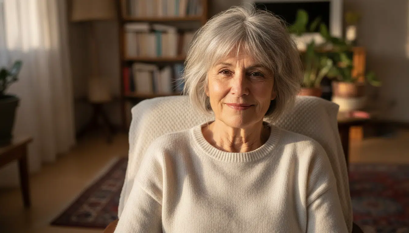 Ancienne caissière E.Leclerc souriante à son domicile