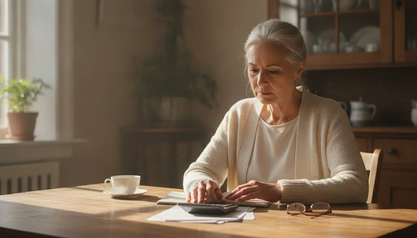 Retraitée examinant ses documents de pension à sa table