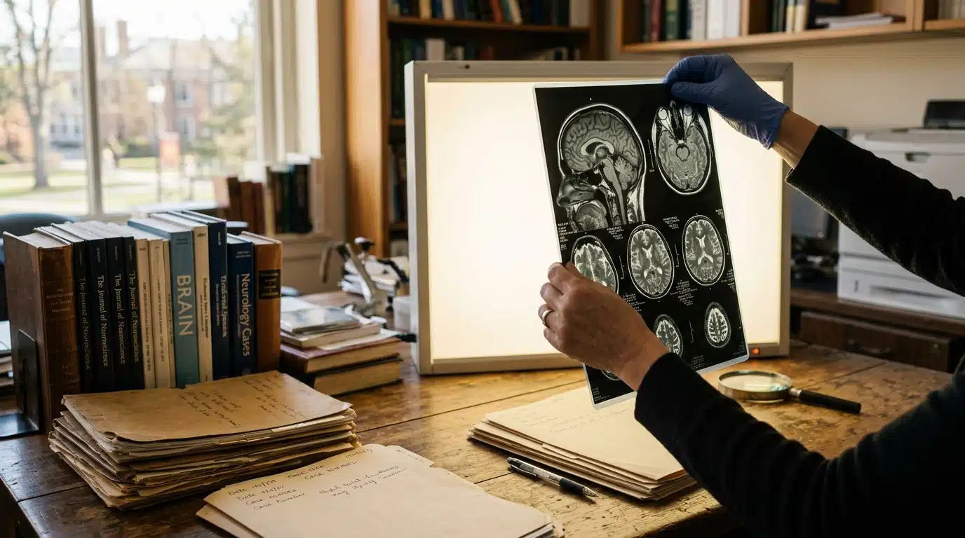 Médecin examinant un scanner cérébral au bureau