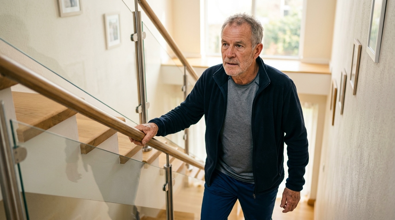 Senior montant un escalier lumineux avec détermination