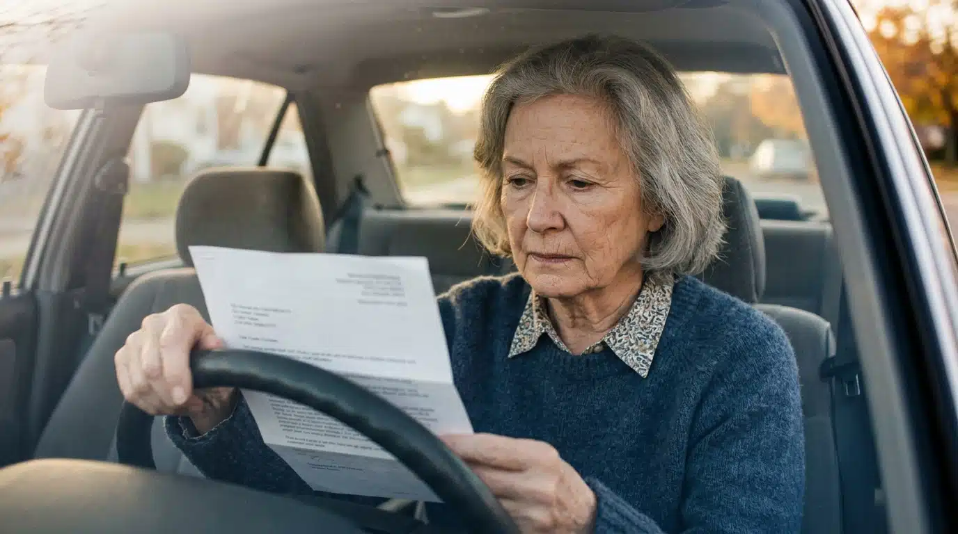 Senior au volant regardant un courrier administratif