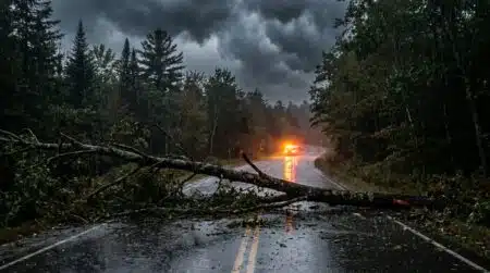 Branche d'arbre tombée sur une route après une tempête