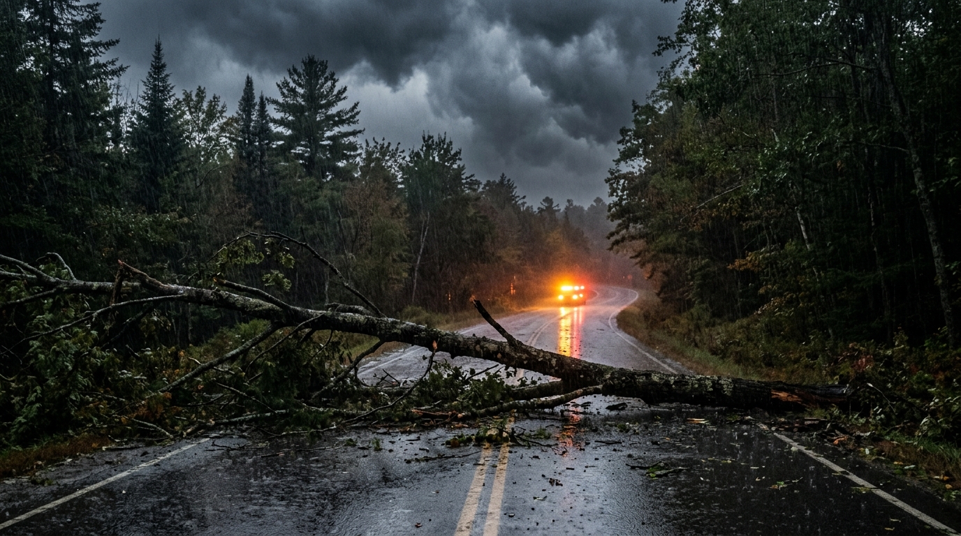Branche d'arbre tombée sur une route après une tempête