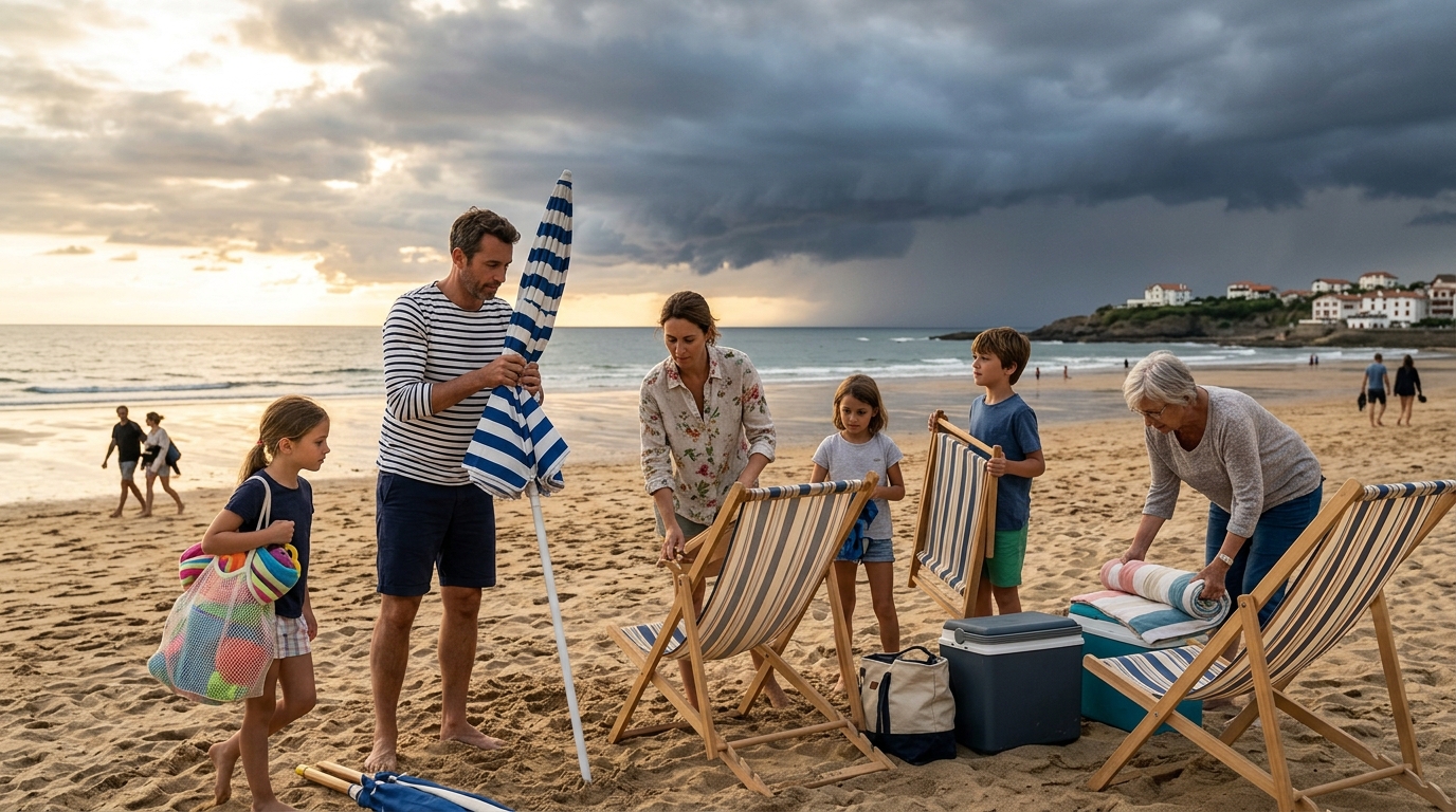 Vacanciers rangeant leurs affaires avant l'orage sur la plage