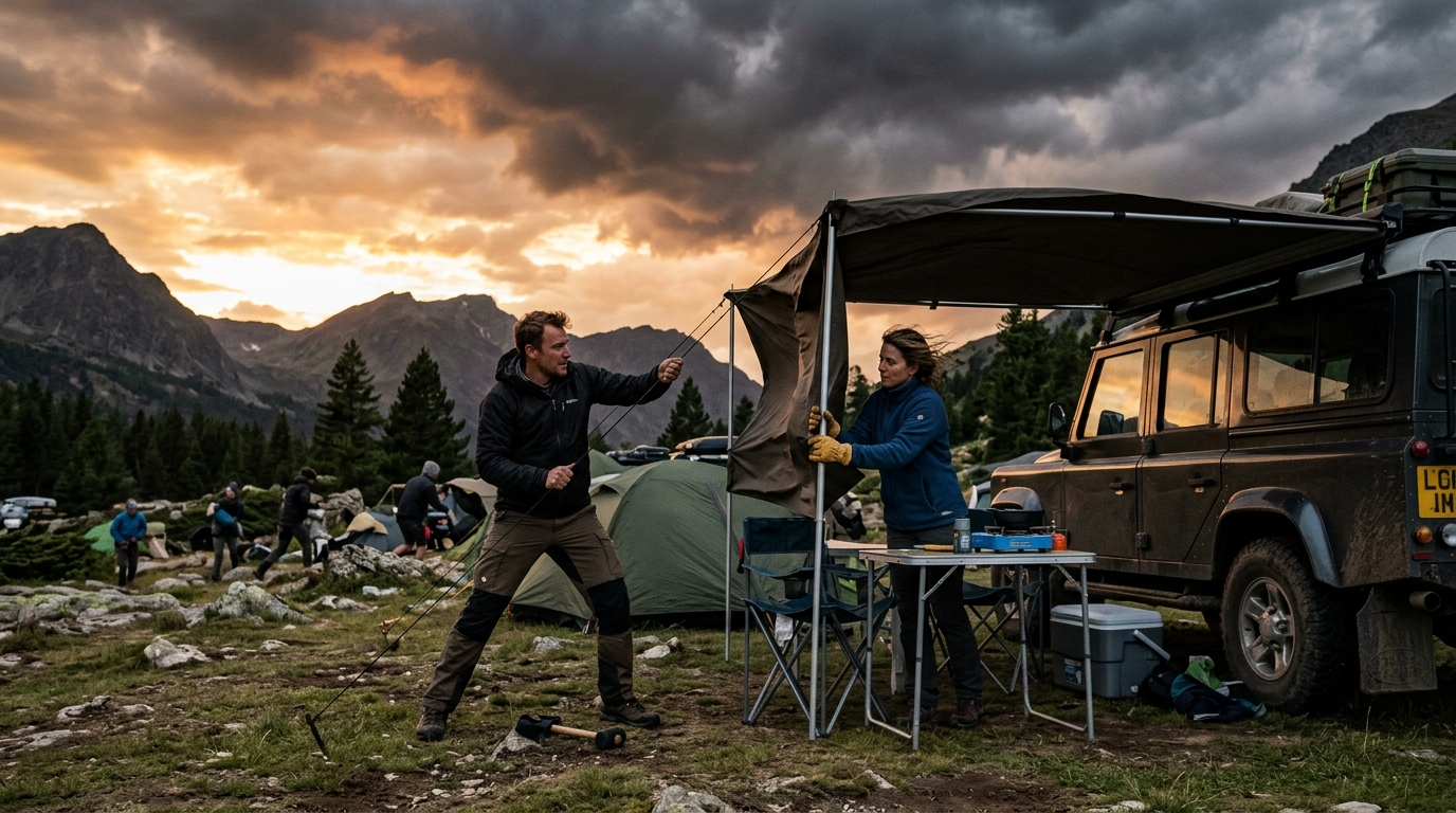 Campeurs sécurisant leur installation avant un orage d'été