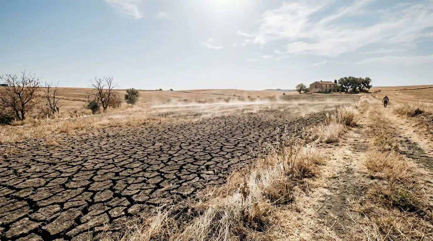 Champ agricole français craquelé sous la chaleur intense