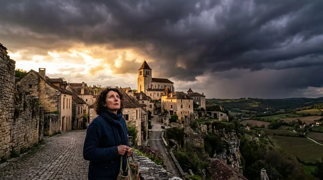 Orage violent approchant au-dessus d'un village français