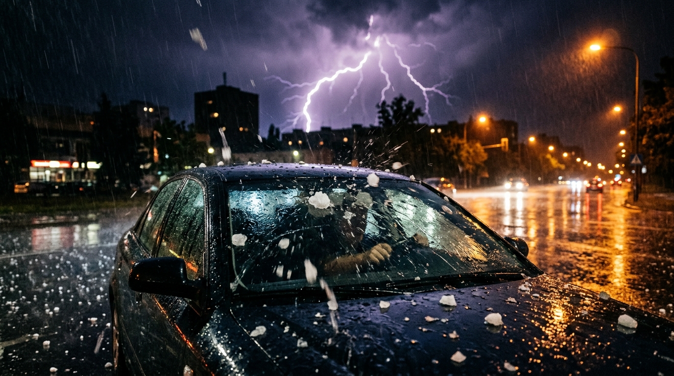 Grêlons s'abattant sur un pare-brise pendant l'orage