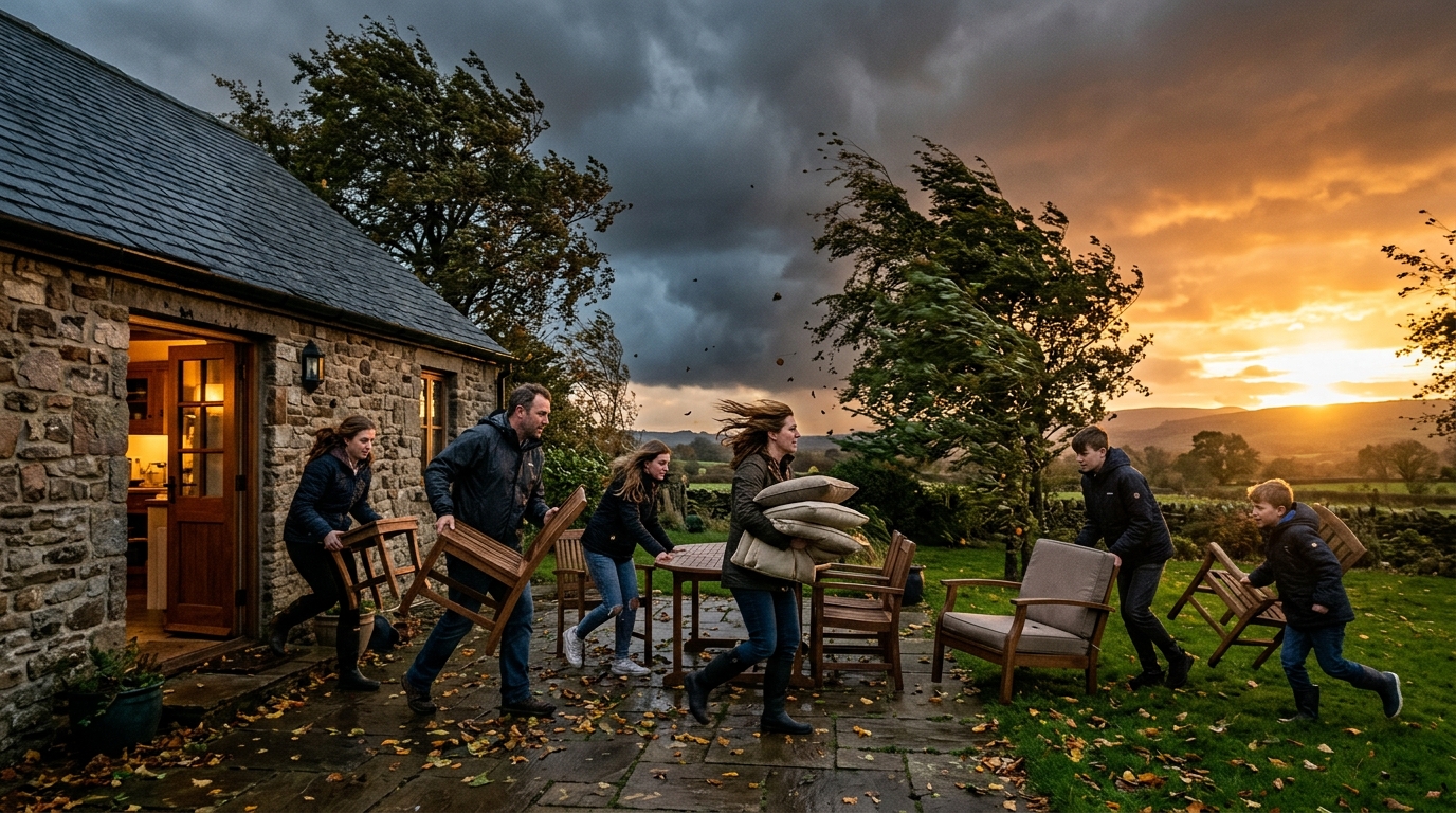 Famille sécurisant son jardin avant l'arrivée de l'orage