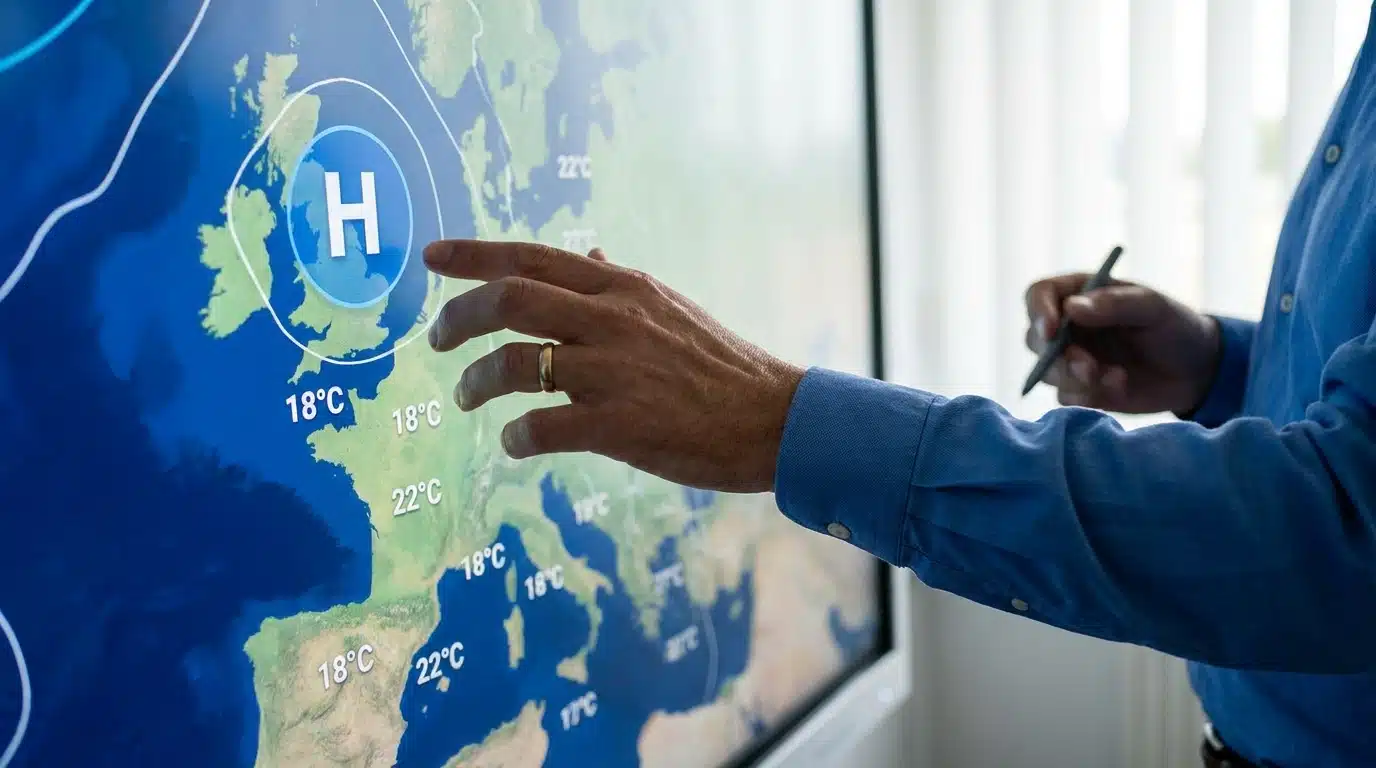 Main de météorologue pointant une carte de prévision météo