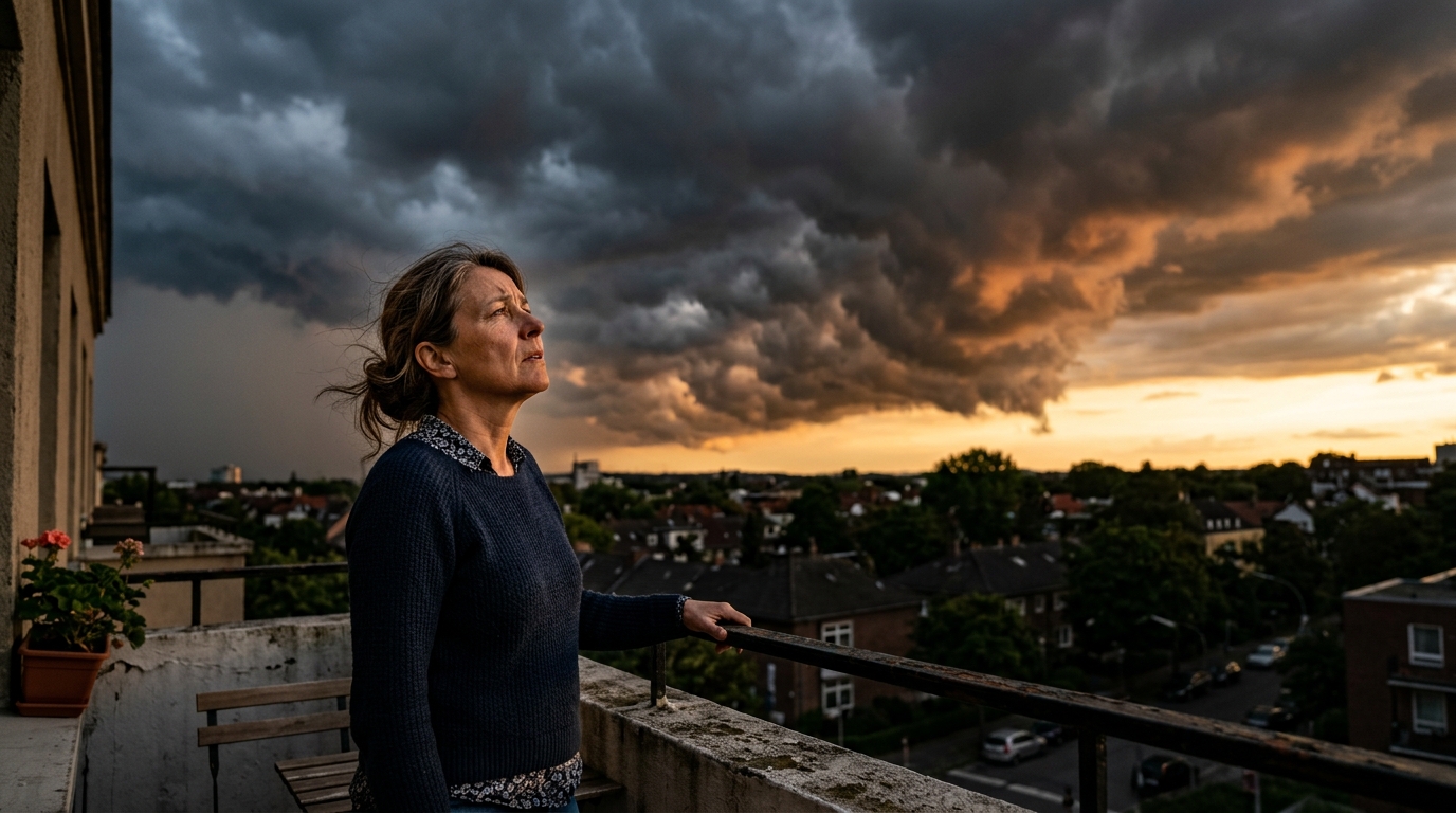 Femme inquiète observant un ciel orageux depuis son balcon