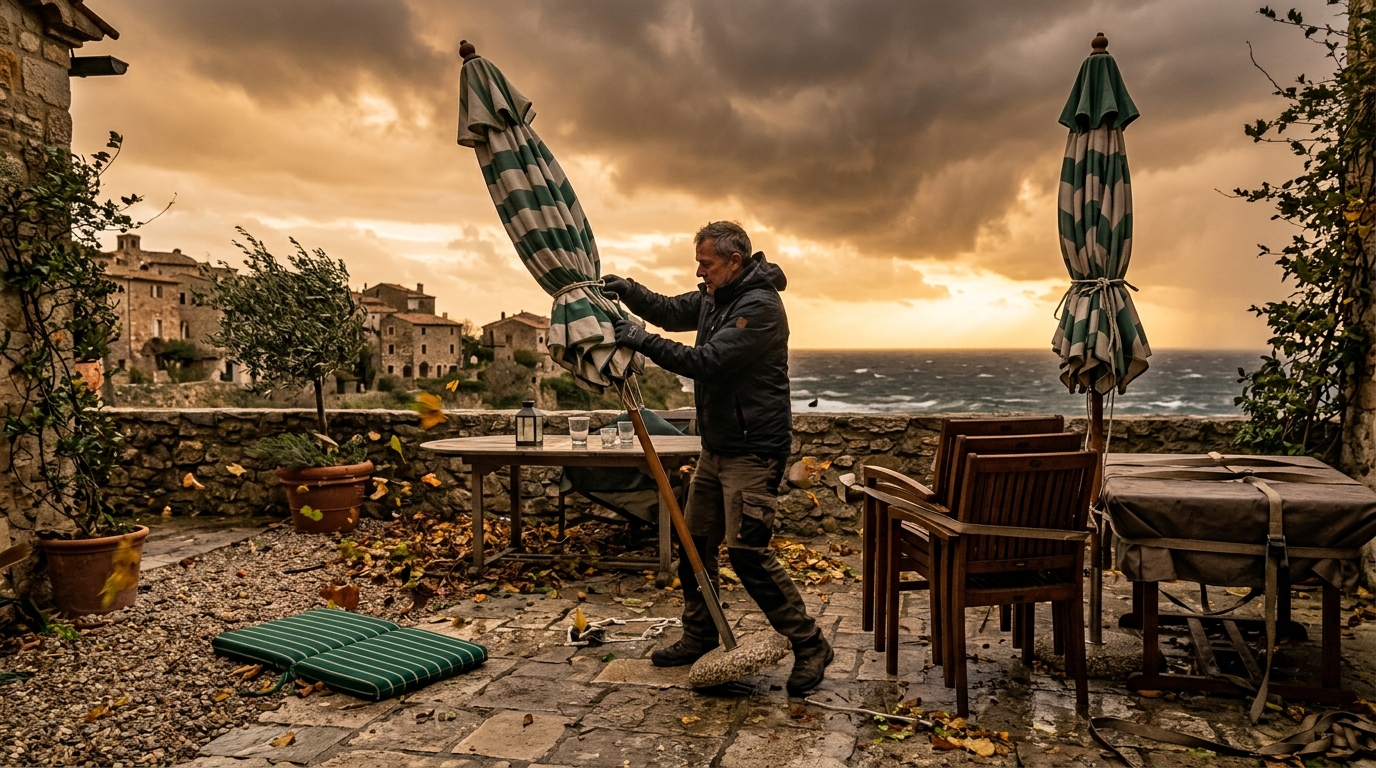 Homme sécurisant son mobilier de jardin avant l'orage