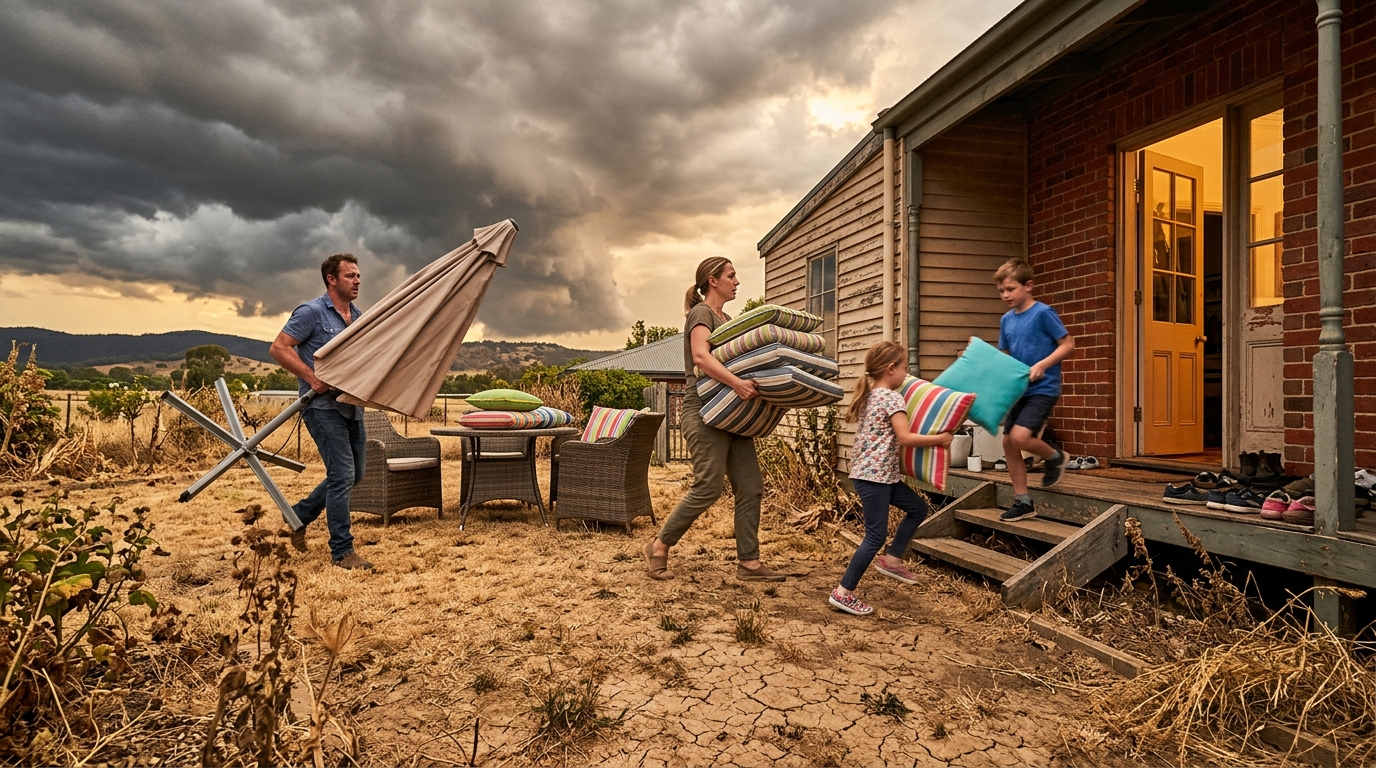 Famille rentrant les coussins de jardin avant les rafales