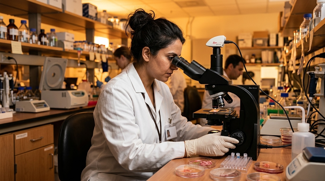 Chercheuse analysant des tissus ovariens en laboratoire