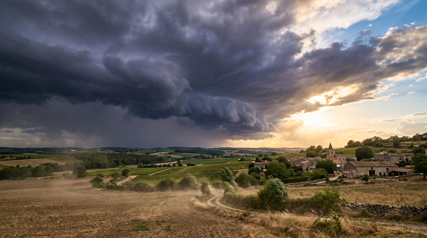 Ciel d'orage menaçant au-dessus d'une campagne française